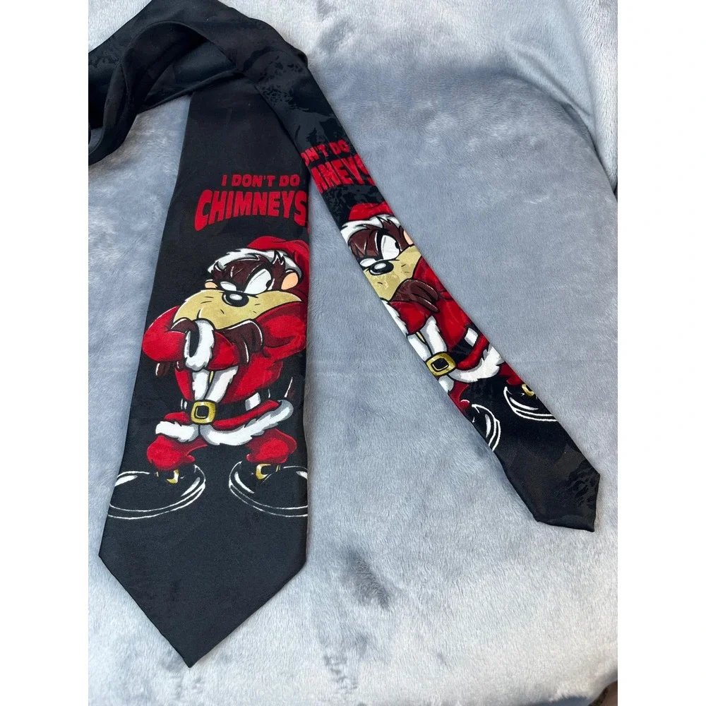 Looney Tunes Tasmanian Devil Taz Santa I Don't Do Chimneys Christmas Tie‎ Black